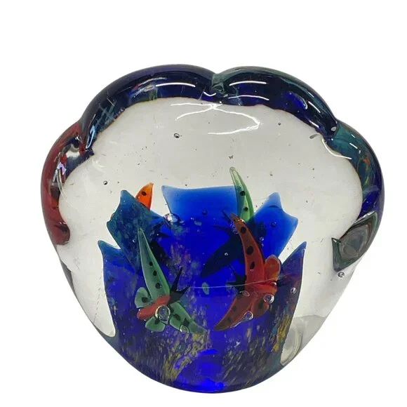 Murano Style Art Glass Paperweight Shell Aquarium Butterfly Fish‎ Vintage
