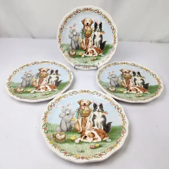 Pier 1 Imports Ironstone Set of 4 Easter Parade Bunny Ear Dogs Plate 8.7