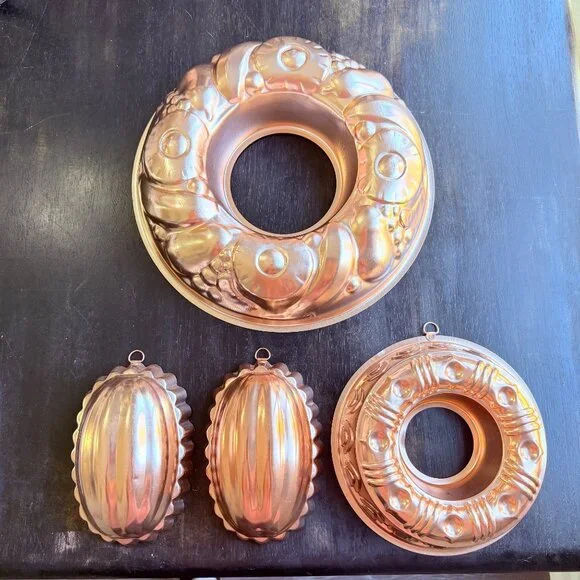 Vtg Copper‎ Kitchen Mold Set Wall Hanging Decor Retro Bakeware Farmhouse Charm