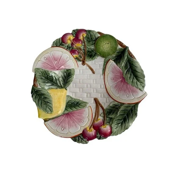 Fitz & Floyd  Fruit Edge Bowl Design Basket Weave Bottom Apples Cherries VTG