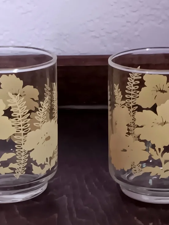 Vintage MCM Yellow Hibiscus And Fern Libbey Glass Pair