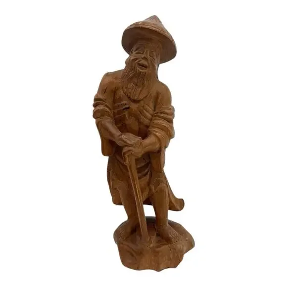 Vtg Hand Carved Wood Chinese Wise Old Man w/walking Stick Statue Figurine 10