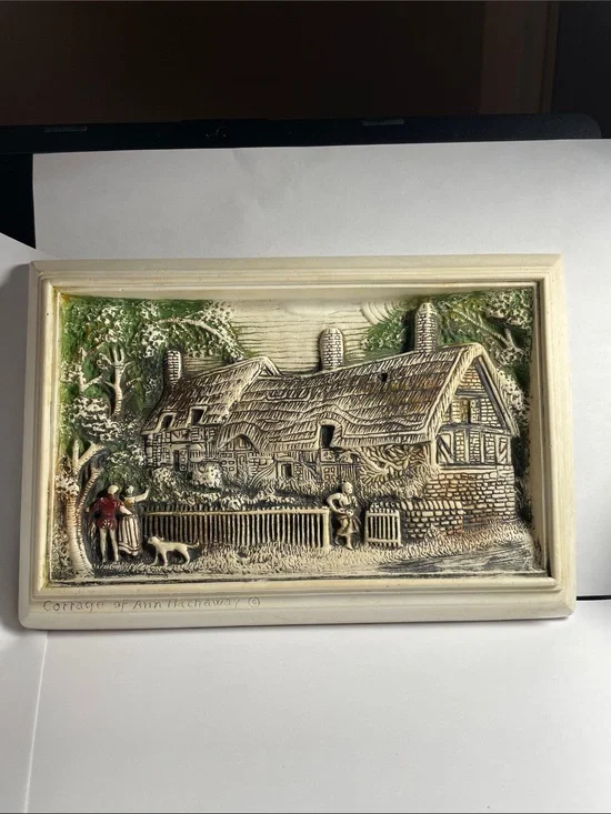 Cottage Scene Relief Wall Plaque in Cream and Green