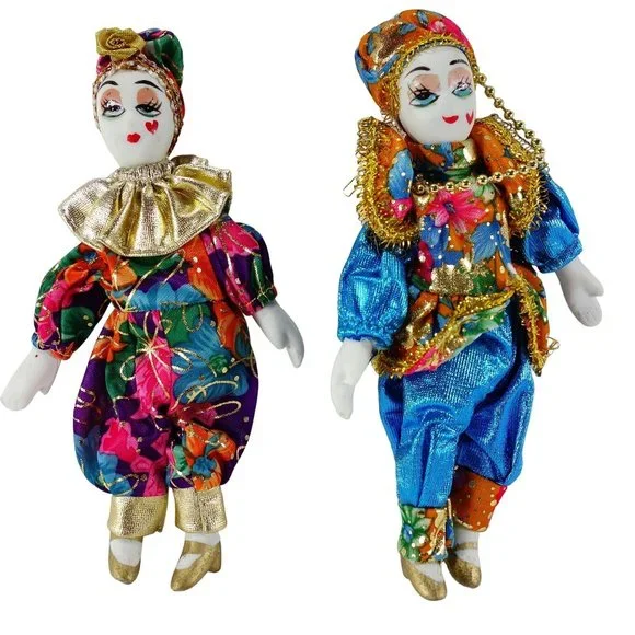 Porcelain and Fabric Small Collectible Harlequin Jester Doll Figures Set‎ of 2