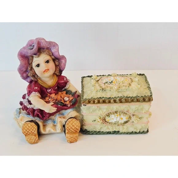 Vintage‎ Style Girl Figurine with Floral Hinged Trinket Box-Cottagecore
