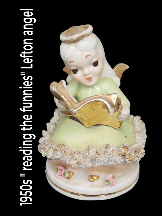1950s Lefton Reading The Funnies  Angel Figurine Spaghetti Trim Vintage