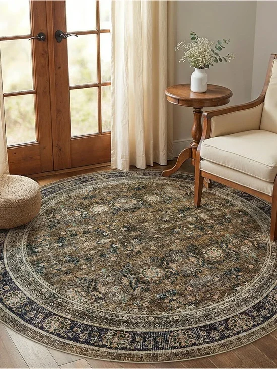 Round Vintage-Inspired Area Rug in Brown and Blue 6 ft