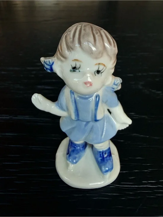 Vintage Hand-Painted Porcelain Girl, Blue Skates, Pigtails Made in Taiwan 4”