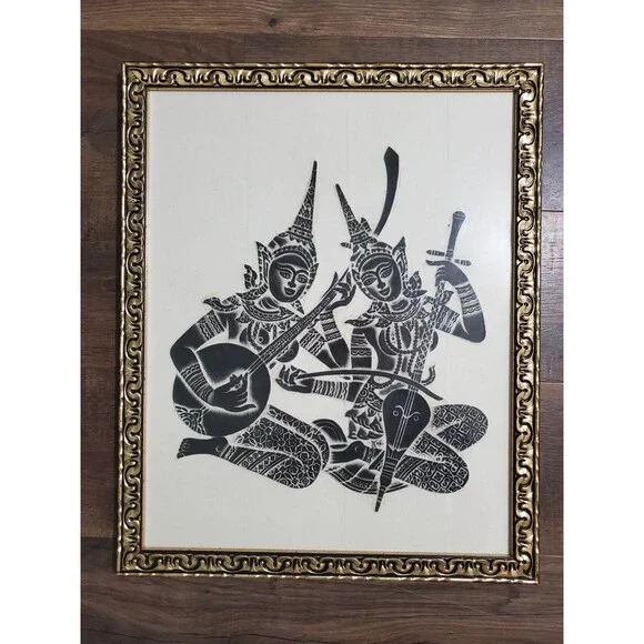 Vintage Temple Rubbing Rice Paper Brown 2 Thai Musicians Framed 22