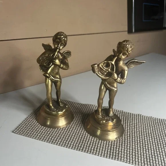 Vintage Brass Cherub Angel Figurines Set of 2 Musical Putti Statues 6 Inch