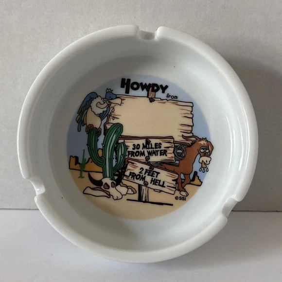 Vintage Whimsical Graphic Howdy Western Cowboy Ashtray 4