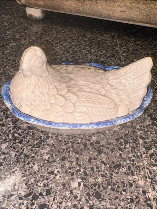 Cream Ceramic Hen Covered Dish with Blue Accent - Home Accents