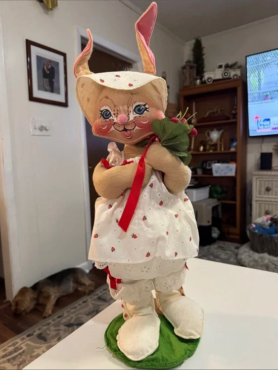 Annalee Cream and Pink Bunny with Red Ribbon and Green Base