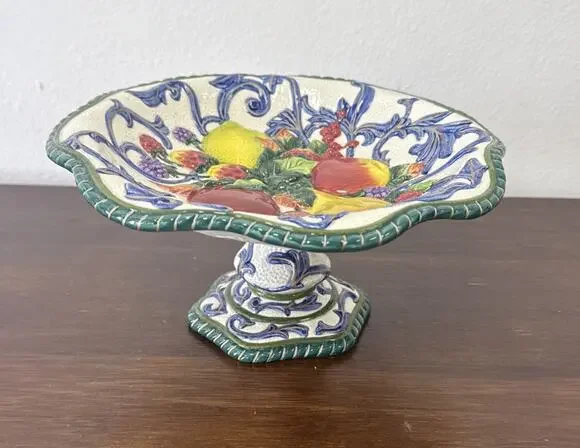 Vintage Fitz and Floyd Florentine Fruit Pedestal Compote Bowl Dish Majolica