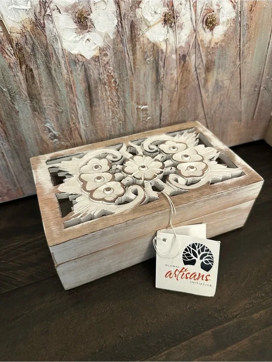 Global Artisans Boho Carved Wooden Box Distressed White Natural
