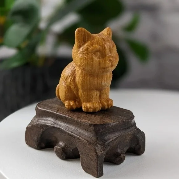 Wooden hand carved cat statue figurine sitting chonky fat ginger orange kitty