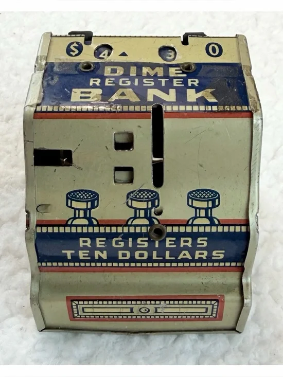 (VTG) J. CHEIN & CO • Tin Litho Mechanical Dime Register Coin Bank Made in USA