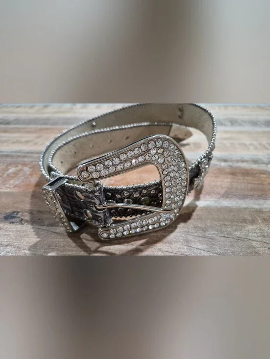 Y2K Vintage Leather Rhinestone Cross Belt - Silver Crystal Buckle S/M Western Co