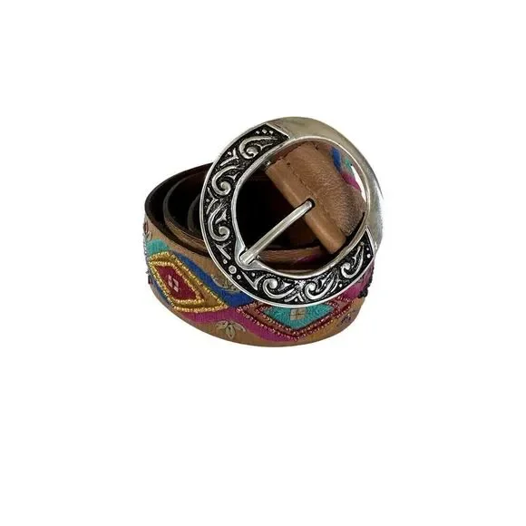 CHICO'S Women's Embroidered/Beaded Wide Leather Bohemian Belt Brown Size Large
