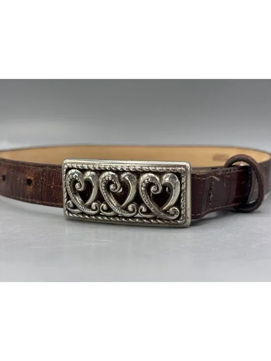 Brighton Fashion Belt Womens S-28 Brown Embossed Leather Silver Plated Buckle