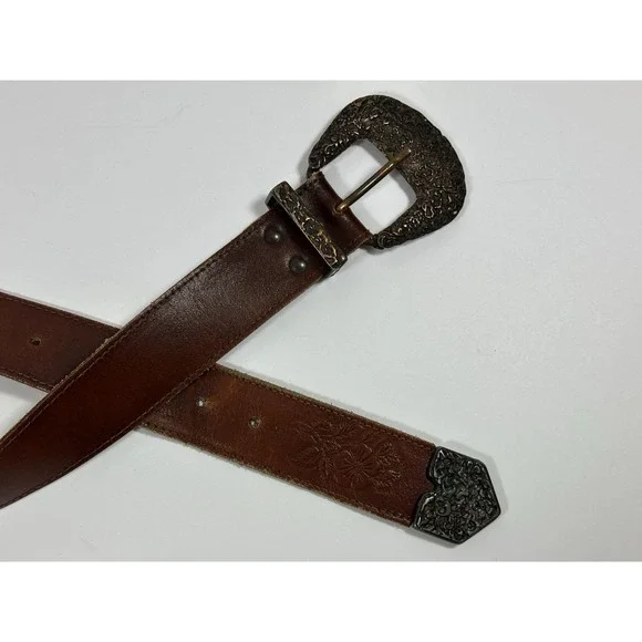 Axcess Brown Leather Belt Womens 30/32 Western Floral Ornate Copper? Buckle