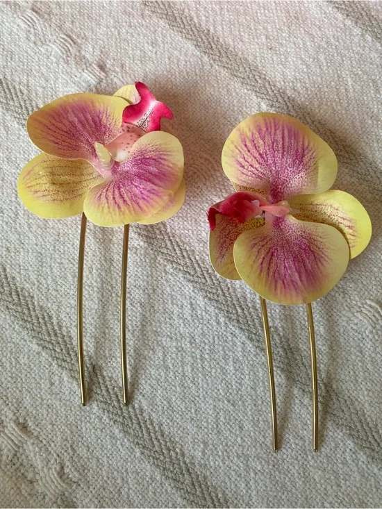 From Anthropologie - Orchid Hair Pins in Yellow and Pink