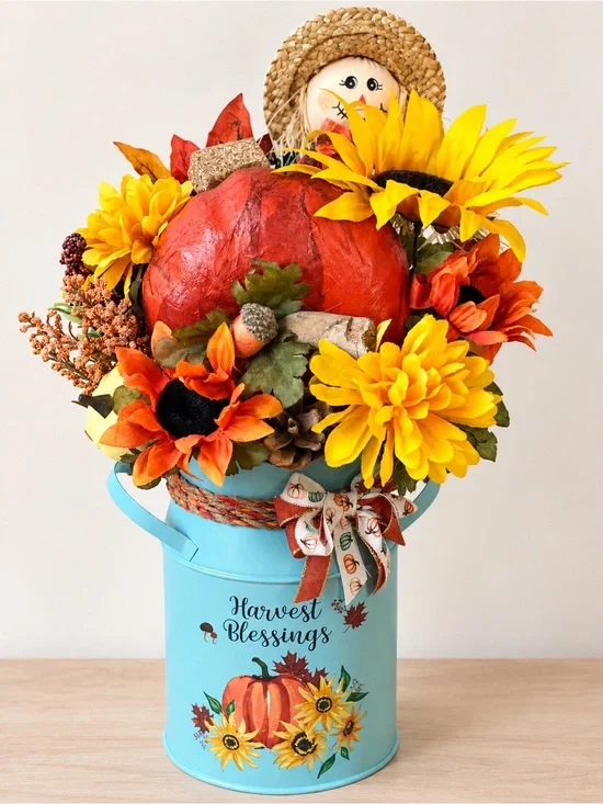 Handmade Fall Harvest Floral Arrangement-Scarecrow, Pumpkin, & Sunflower