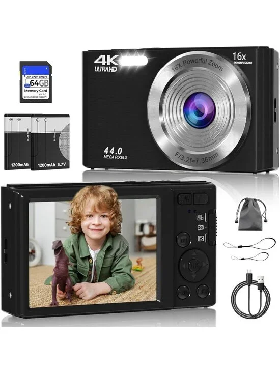 4K FHD Kids Digital Camera 44MP with 64GB SD Card - Perfect for Young