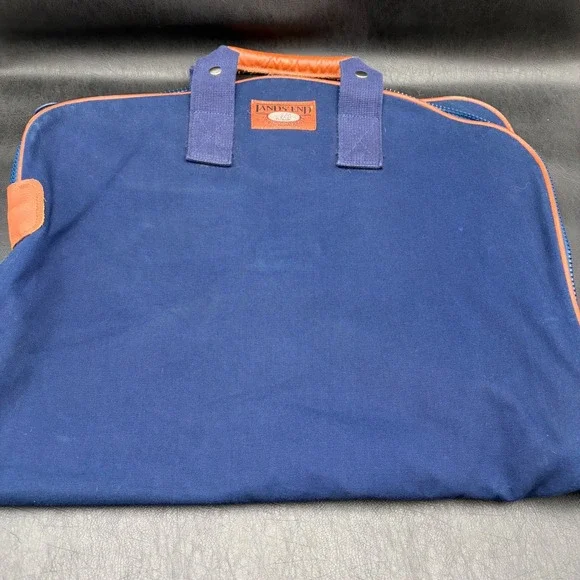 Lands End Deluxe Square Rigger Navy Blue Canvas Garment Bag Leather Trim Vintage