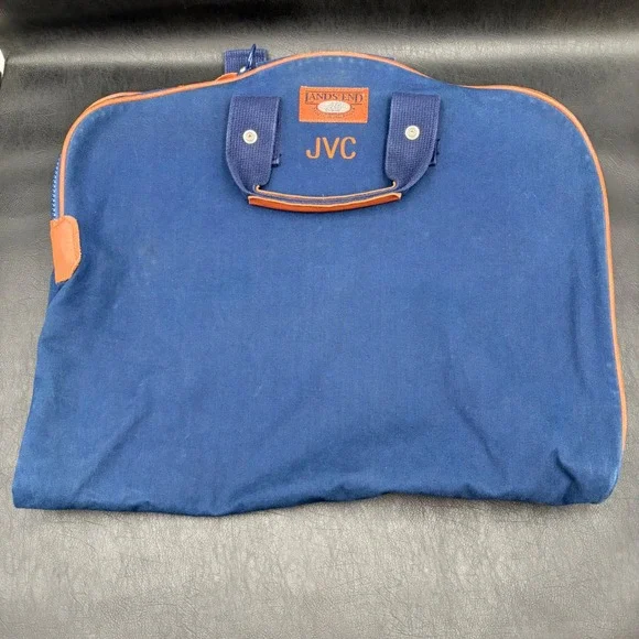 Lands End Deluxe Square Rigger Garment Bag Navy Canvas Leather Trim Monogram JVC