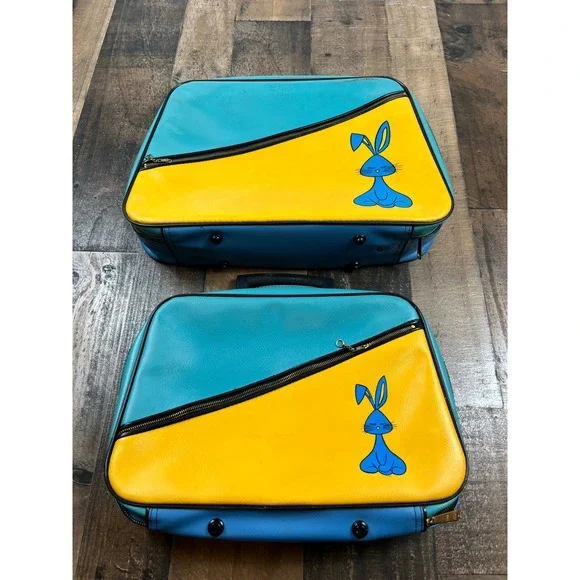 Vintage 70s Blue Yellow Bunny‎ Nesting Suitcase Set Retro Mod Travel Bags 2pc