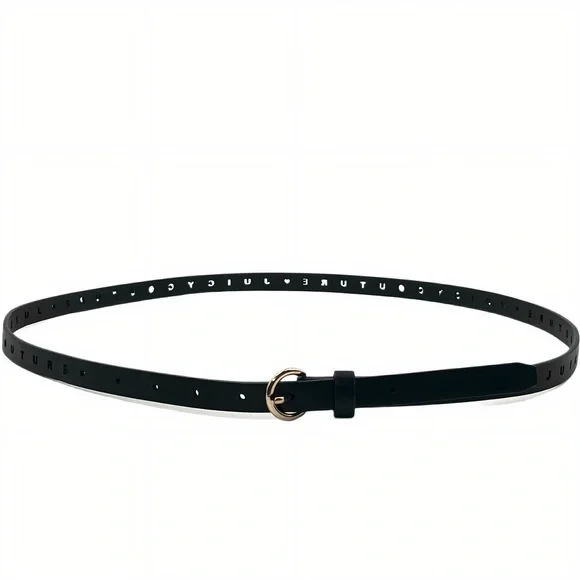 Vintage Juicy Couture Black Leather Skinny Belt Gold Buckle Cutout Logo XL Y2K