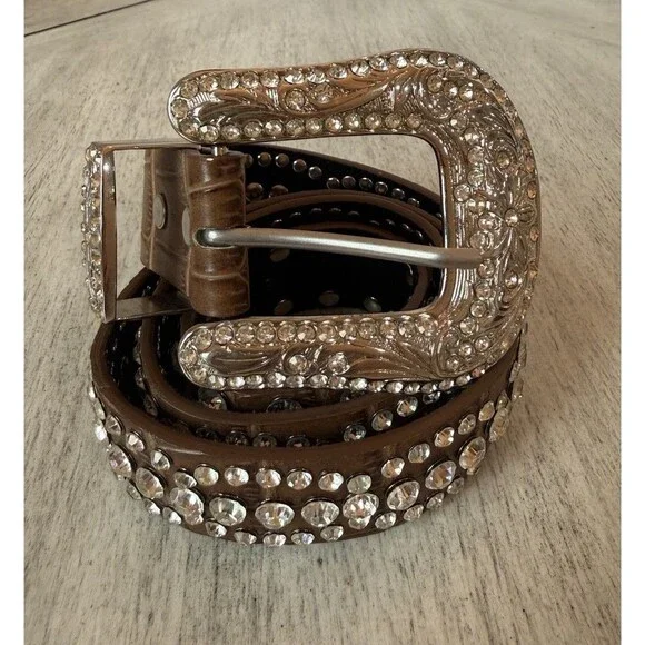 Women's Western Brown Croc Leather Belt Textured Rhinestone Floral Buckle Size M