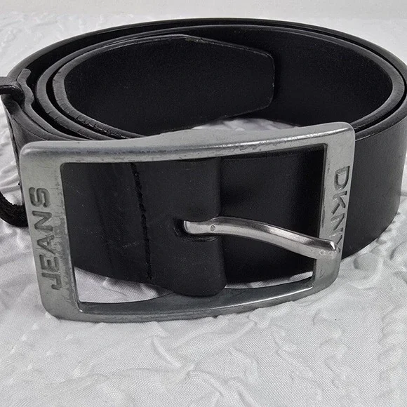 DKNY Jeans Belt Womens Small Black Leather Silver Buckle 837004 Wide Casual