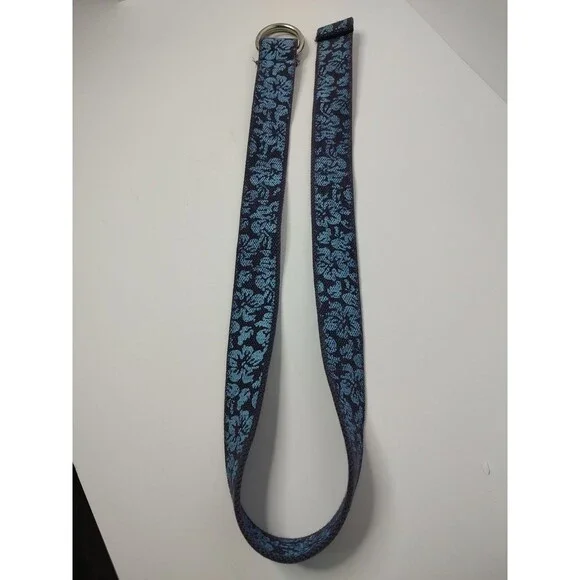 Blue Floral Print Fabric D-Ring Belt Woven Cotton Webbing Adjustable 38