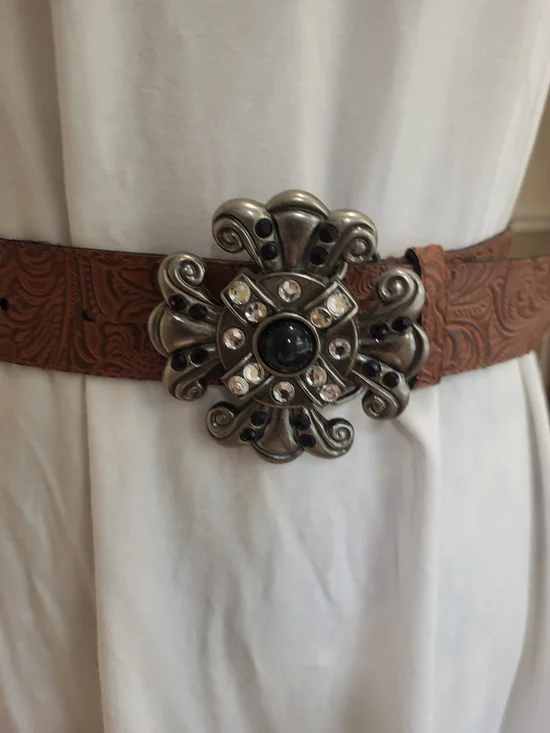 Brown Tooled Faux Leather Belt with Ornate Silver-Tone Rhinestone Buckle