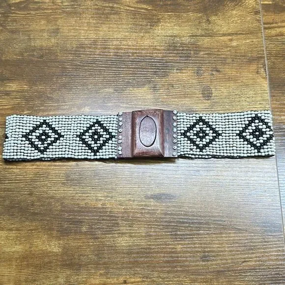 Women's Beaded Belt One Size Wide Wooden Hook Buckle Retro Boho‎ Stretch Fit