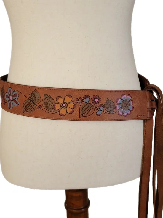 Vintage DKNY Leather Wrap Belt: Hand-Painted Floral, Fringe, Y2K Boho Western