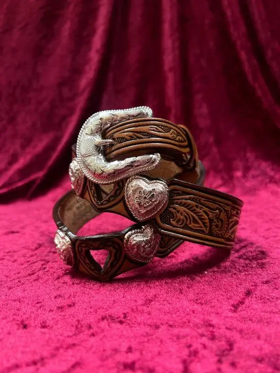 Vintage Nocona Leather Belt Tooled Heart Cutout Silver Concho Belt USA 34-37.75