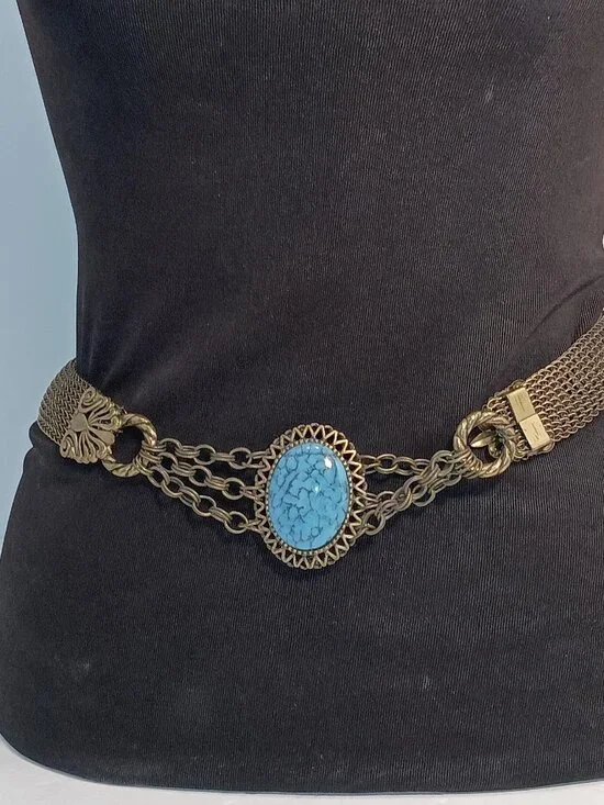 Ferrara Whiting & Davis Wire Knit Belt with Faux Turquoise Matrix Center