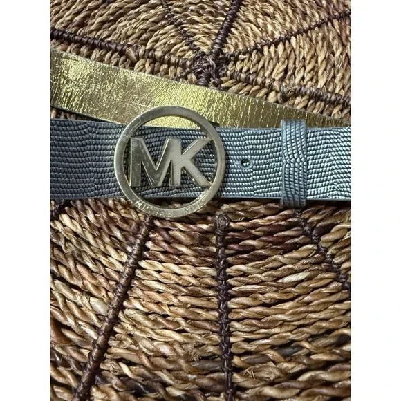 Michael Kors Logo Belt Leather Faux Croc Reptile Gray Silver‎ Tone Buckle L 39