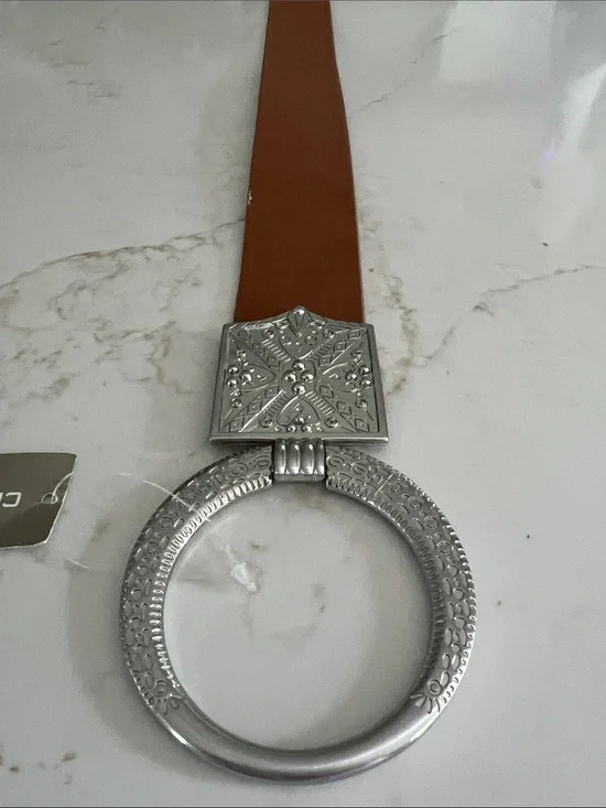 Chico’s Antoinette Slouch Belt S/M Cognac Brown Silver Statement Buckle