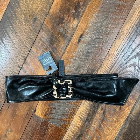 Steven by Steve Madden Black Faux Leather Wide Belt Leopard Print Buckle M/L