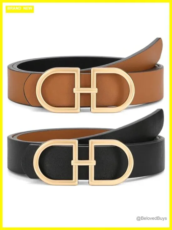 Reversible Faux Leather Belt With Gold Buckle for Women Two-In-One