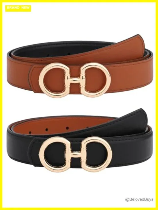 Reversible PU Leather Belt for Women with Gold Buckle, Two-in-One Fashion Belt