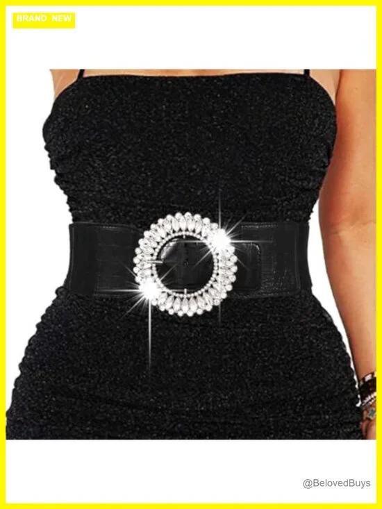 Rhinestone Wide Waist Belt Elastic Stretchy Cinch Belt for Women with Sparkle