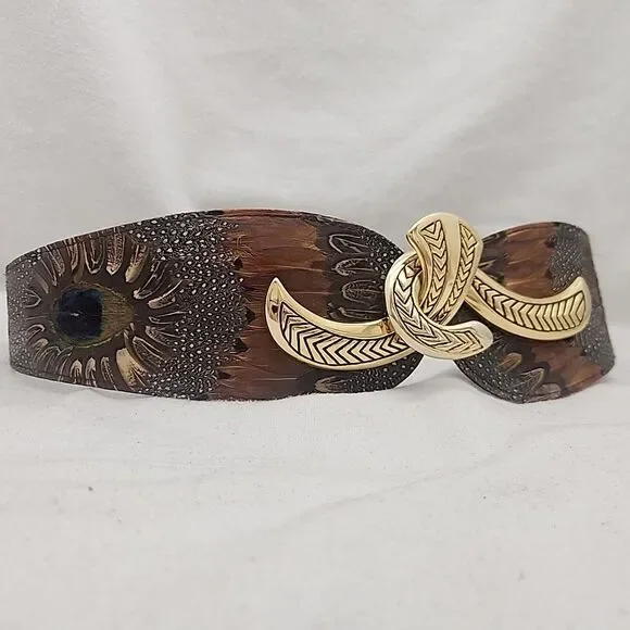 Belt Peacock Feather Wide Gold Chevron Buckle Adj Comeco Royal ART 9449 VTG 80s