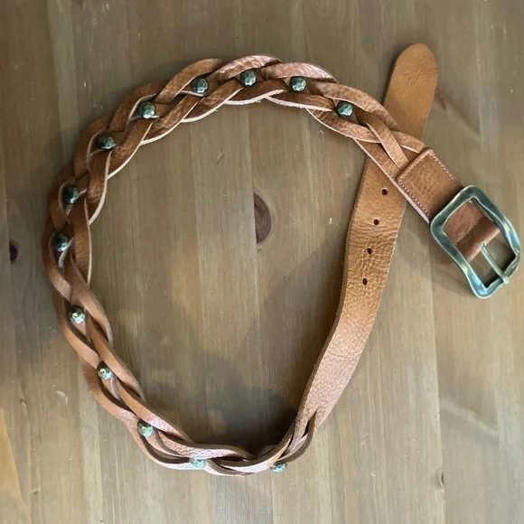Fabio Corti Leather Belt Made in Italy Large Braided Studded