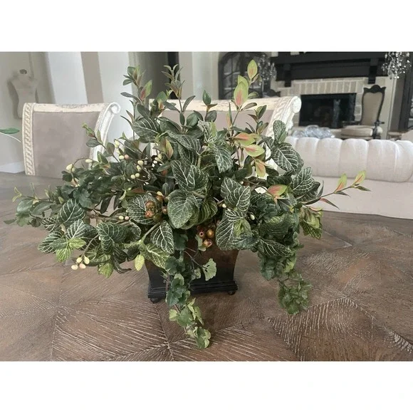 Faux Greenery & Berry Floral Arrangement‎ Sm Resin Footed Container