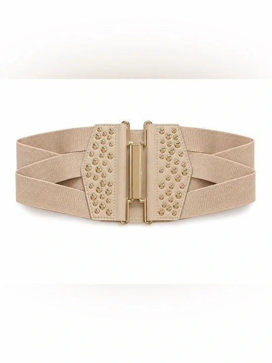 bebe Beige Elastic Waist Belt with Gold Studs